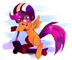 Size: 900x750 | Tagged: safe, artist:kunaike, character:scootaloo, species:pony, female, filly, helmet, scooter, solo