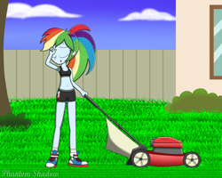 Size: 1024x819 | Tagged: safe, artist:phantomshadow051, character:rainbow dash, my little pony:equestria girls, alternate hairstyle, belly button, clothing, converse, female, lawn mower, midriff, outdoors, ponytail, shoes, shorts, solo, sports bra, sports shorts, sweat, working