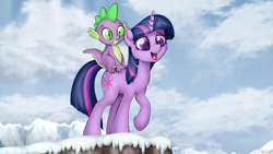 Size: 3149x1771 | Tagged: safe, artist:awalex, character:spike, character:twilight sparkle, character:twilight sparkle (unicorn), species:dragon, species:pony, species:unicorn, episode:winter wrap up, g4, my little pony: friendship is magic, season 1, carrying, cliff, dragons riding ponies, female, mare, open mouth, raised hoof, riding, scene interpretation, signature, sky, slit eyes, snow, winter