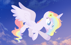 Size: 684x437 | Tagged: safe, artist:owlity, oc, oc:flower power, species:alicorn, species:pony, cloud, female, flower, flower in hair, flying, mare, open mouth, pastel, solo, sunset