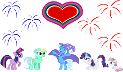 Size: 15470x9023 | Tagged: safe, artist:lman225, character:lyra heartstrings, character:rarity, character:sweetie belle, character:trixie, character:twilight sparkle, species:pony, ship:twixie, absurd resolution, female, harem, heart, holiday, lesbian, rarixie, shipping, simple background, transparent background, trixie gets all the mares, valentine's day