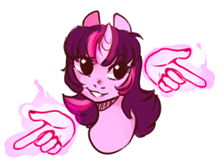 Size: 812x580 | Tagged: safe, artist:catzino, character:twilight sparkle, species:pony, bust, female, finger gun, finger guns, glowing horn, hand, magic, magic hands, simple background, solo, white background