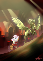 Size: 1000x1395 | Tagged: safe, artist:atomic8497, oc, oc only, oc:glimmerlight, oc:murky, species:pegasus, species:pony, species:unicorn, fallout equestria, fallout equestria: murky number seven, fanfic art, female, fillydelphia, male, mare, saddle bag, scribe robe, stallion