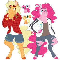 Size: 1000x1000 | Tagged: safe, artist:eleamorbid, artist:erisartiswitchcraft, base used, part of a set, character:applejack, character:pinkie pie, species:anthro, species:earth pony, species:pony, species:unguligrade anthro, alternative cutie mark placement, applejack's hat, bandaid, clothing, cowboy hat, duo, female, freckles, hat, jacket, looking at each other, plaid shirt, reference sheet, shorts, simple background, torn clothes, transparent background