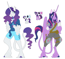 Size: 1100x1000 | Tagged: safe, artist:eleamorbid, artist:erisartiswitchcraft, base used, part of a set, character:rarity, character:twilight sparkle, character:twilight sparkle (alicorn), species:alicorn, species:anthro, species:classical unicorn, species:pony, species:unguligrade anthro, species:unicorn, alternative cutie mark placement, armor, bandage, clothing, cloven hooves, duo, ear piercing, earring, female, jewelry, leonine tail, looking at each other, necklace, piercing, reference sheet, shorts, simple background, transparent background, unshorn fetlocks