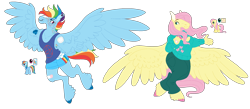 Size: 2300x1000 | Tagged: safe, artist:eleamorbid, artist:erisartiswitchcraft, base used, part of a set, character:fluttershy, character:rainbow dash, species:anthro, species:pegasus, species:pony, species:unguligrade anthro, alternate hairstyle, alternative cutie mark placement, bandaid, big wings, clothing, duo, ear piercing, earring, female, flying, freckles, jewelry, looking at each other, piercing, reference sheet, shorts, simple background, spread wings, sweater, sweatershy, transparent background, wings