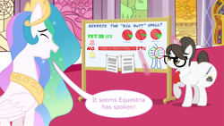 Size: 10667x6000 | Tagged: safe, artist:ithinkitsdivine, character:princess celestia, character:raven inkwell, absurd resolution, bottom heavy, dialogue, duo, female, graph, huge butt, impossibly large butt, large butt, plot, pointer, smiling, story included, the ass was fat, throne room, vote, whiteboard