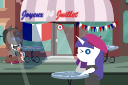 Size: 6000x4000 | Tagged: safe, artist:steampunk-brony, character:rarity, oc, oc:steamy, oc:velvet remedy, species:pony, fallout equestria, 14 juillet, absurd resolution, beatnik rarity, beret, clothing, food, french, hat, one eye closed, plushie, pointy ponies, sweater, wink