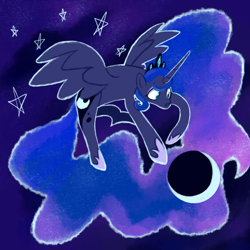 Size: 2000x2000 | Tagged: safe, artist:puddingskinmcgee, character:princess luna, species:alicorn, species:pony, crown, ethereal mane, female, galaxy mane, jewelry, mare, moon, night, regalia, solo, spread wings, stars, wings