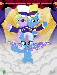 Size: 5000x6553 | Tagged: safe, artist:up-world, character:jack pot, character:trixie, episode:grannies gone wild, g4, my little pony: friendship is magic, absurd resolution, big bucks, cape, clothing, hat, levitation, magic, magic show, smoke, smoke bomb, stage, telekinesis, trixie's cape, trixie's hat