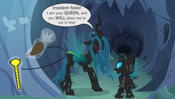 Size: 10667x6000 | Tagged: safe, artist:ithinkitsdivine, character:queen chrysalis, species:changeling, absurd resolution, bathroom line, bladder gauge, blushing, changeling hive, crossed legs, desperation, dialogue, frosting, icing bag, need to pee, need to poop, omorashi, potty dance, potty emergency, potty time, queue, squirming, sweat, toilet, trotting in place
