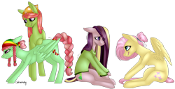 Size: 1272x653 | Tagged: safe, artist:sychia, character:fluttershy, character:tree hugger, oc, oc:shy meadows, oc:summer song (ice1517), parent:fluttershy, parent:tree hugger, parents:flutterhugger, species:pegasus, species:pony, icey-verse, ship:flutterhugger, alternate hairstyle, bandana, clothing, female, focused, hair bun, hair over one eye, lesbian, magical lesbian spawn, mare, nervous, next generation, offspring, shipping, shy, signature, simple background, stretching, sweater, transparent background, underhoof