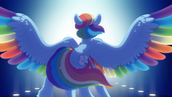 Size: 2560x1440 | Tagged: safe, artist:eleamorbid, artist:erisartiswitchcraft, character:rainbow dash, species:pegasus, species:pony, back, colored wings, female, glow, rainbutt dash, rear view, solo, spread wings, wings