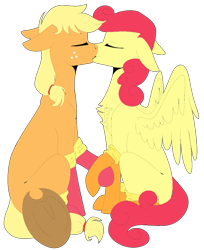 Size: 757x928 | Tagged: safe, artist:icey-wicey-1517, artist:sychia, edit, character:applejack, character:strawberry sunrise, species:earth pony, species:pegasus, species:pony, ship:applerise, applejack's hat, clothing, collaboration, color edit, colored, cowboy hat, eyes closed, female, hat, holding hooves, kissing, lesbian, mare, missing cutie mark, shipping, simple background, socks, transparent background