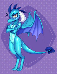 Size: 992x1280 | Tagged: safe, artist:tawni-tailwind, character:princess ember, species:dragon, angry, baka, belly button, blushing, crossed arms, dragoness, female, looking at you, pouting, solo, spread wings, standing, tsundember, tsundere, wings