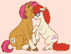 Size: 1017x768 | Tagged: safe, artist:arcticwaters, character:babs seed, character:twist, species:earth pony, species:pony, ship:babstwist, alternate cutie mark, eyes closed, female, lesbian, mare, shipping, smiling, socks (coat marking)