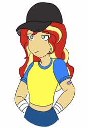 Size: 584x844 | Tagged: safe, artist:horsegirlpodcast, character:sunset shimmer, my little pony:equestria girls, alternate costumes, alternate universe, bandaid, cap, clothing, hat