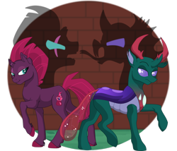 Size: 1024x878 | Tagged: safe, artist:faitheverlasting, character:fizzlepop berrytwist, character:pharynx, character:prince pharynx, character:tempest shadow, species:changeling, species:pony, species:reformed changeling, species:unicorn, brick wall, broken horn, crack shipping, female, horn, looking at each other, male, shipping, simple background, straight, tempynx, transparent background