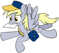 Size: 3874x3482 | Tagged: safe, artist:reconprobe, character:derpy hooves, species:pegasus, species:pony, female, flying, mail, mailpony, mare, mouth hold, simple background, solo, spread wings, transparent background, underp, wings