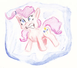Size: 880x782 | Tagged: safe, artist:lost marbles, character:pinkie pie, encasement, frozen, i was frozen today, ice cube, simple background, traditional art, white background