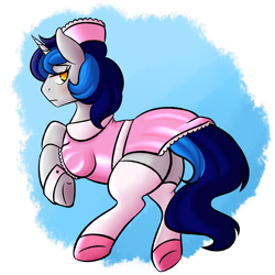 Size: 2500x2500 | Tagged: safe, artist:fannytastical, oc, oc only, oc:cappie, species:pony, species:unicorn, blushing, clothing, crossdressing, maid, male, satin, shiny, shoes, silk, simple background, sissy, solo, stallion, stockings, thigh highs, transparent background, uniform