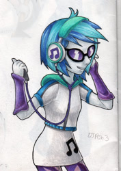 Size: 1024x1447 | Tagged: safe, artist:andpie, character:dj pon-3, character:vinyl scratch, my little pony:equestria girls, clothing, cutie mark on clothes, female, headphones, leggings, listening, music, simple background, solo, sunglasses, traditional art, white background