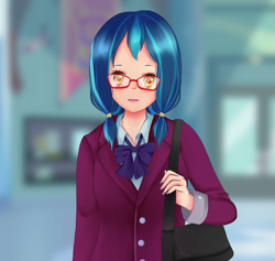 Size: 1037x982 | Tagged: safe, artist:electricshine, character:indigo zap, my little pony:equestria girls, alternate hairstyle, clothing, crystal prep academy uniform, female, glasses, looking at you, pigtails, school uniform, shoulder bag, solo