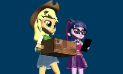 Size: 5120x3072 | Tagged: safe, artist:n3onh100, character:applejack, character:twilight sparkle, character:twilight sparkle (scitwi), species:eqg human, my little pony:equestria girls, 3d, box, clipboard, glasses, job, pencil, simple background