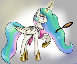 Size: 2300x1900 | Tagged: safe, artist:dukevonkessel, character:princess celestia, species:alicorn, species:pony, apron, clothing, ethereal mane, eyeshadow, female, food, frying pan, gradient background, hoof shoes, horn, lidded eyes, makeup, mare, momlestia, pancakes, raised hoof, smiling, solo, wings