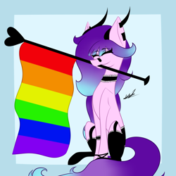 Size: 1024x1024 | Tagged: safe, artist:hestiay, oc, oc only, species:pony, clothing, eyes closed, gay pride flag, lgbt, mouth hold, pride, pride flag, signature, sitting, solo, stockings, thigh highs