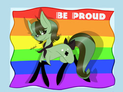 Size: 1024x768 | Tagged: safe, artist:hestiay, oc, oc only, species:earth pony, species:pony, bow, gay pride flag, lgbt, pride, pride flag, signature, solo, tail bow