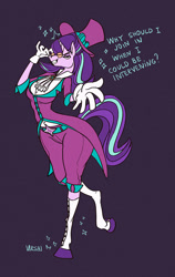 Size: 759x1200 | Tagged: safe, artist:ursa, character:snowfall frost, character:starlight glimmer, species:anthro, species:pony, species:unguligrade anthro, species:unicorn, bad anatomy, clothing, female, glasses, hat, solo, spats, top hat