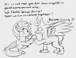 Size: 1273x967 | Tagged: safe, artist:foal, character:gallus, character:silverstream, species:classical hippogriff, species:griffon, species:hippogriff, ship:gallstream, blushing, cute, dialogue, diastreamies, duo, female, friendshipping, gallabetes, male, misunderstanding, monochrome, spread wings, text, wingboner, wings