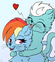 Size: 2282x2557 | Tagged: safe, artist:php80, character:fleetfoot, character:rainbow dash, ship:fleetdash, blushing, cat, catified, chest fluff, commission, ear fluff, eyes closed, female, fluffy, heart, holding, lesbian, licking, open mouth, rainbow cat, shipping, simple background, species swap, tongue out, white background