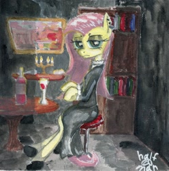 Size: 2315x2330 | Tagged: safe, artist:halfaman, character:fluttershy, species:pony, episode:fake it 'til you make it, acrylic painting, alcohol, book, bookshelf, bottle, candle, canvas, chair, clothing, dark room, dress, female, fluttergoth, looking at you, mare, painting, piercing, signature, stool, wine, wineglass