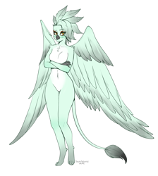 Size: 3040x3388 | Tagged: safe, artist:tawni-tailwind, oc, oc only, oc:styx, species:anthro, species:digitigrade anthro, species:griffon, barbie doll anatomy, big wings, breasts, crossed arms, featureless breasts, featureless crotch, female, floofy feathers, griffon oc, pale belly, reference sheet, simple background, solo, white background, wings