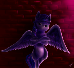 Size: 1550x1430 | Tagged: safe, artist:com3tfire, character:twilight sparkle, character:twilight sparkle (alicorn), species:alicorn, species:pony, brick wall, element of magic, female, hiphop, solo