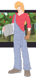 Size: 1975x4149 | Tagged: safe, artist:slipe, character:big mcintosh, species:human, beard, boots, clothing, facial hair, gloves, humanized, light skin, male, overalls, pants, shirt, shoes, solo, toothpick