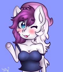Size: 700x800 | Tagged: safe, artist:yumomochan, oc, species:anthro, anthro oc, blinking, blue background, blushing, commission, digital art, original character do not steal, sexy, simple background, tongue out, ych result