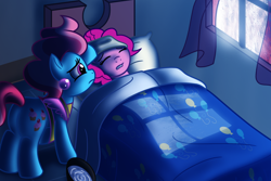 Size: 1500x1000 | Tagged: safe, artist:atomic-chinchilla, character:cup cake, character:pinkie pie, species:earth pony, species:pony, apron, bed, clothing, female, food, mare, pillow, pregnant, sick, worried
