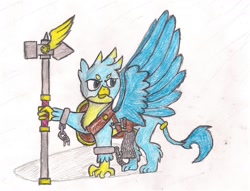 Size: 1571x1203 | Tagged: safe, artist:infinita est lux solis, character:gallus, species:griffon, g4, colored pencil drawing, dagger, fighter, loincloth, pathfinder, scale armor, scale mail, shackles, shield, traditional art, war hammer, weapon