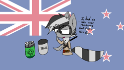 Size: 1920x1080 | Tagged: safe, artist:exxie, oc, oc only, oc:bandy cyoot, flag, new zealand, raccoon pony, recycle bin, simple background, solo, text, trash can