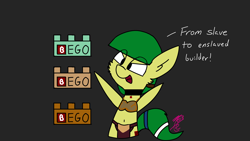 Size: 1920x1080 | Tagged: safe, artist:exxie, oc, oc:blocky bits, species:earth pony, species:pony, bipedal, collar, female, lego, mare, princess leia, simple background, slave leia outfit, solo, text, 🅱