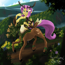 Size: 2048x2048 | Tagged: safe, artist:qzygugu, character:fluttershy, species:centaur, species:deer, belly button, centaurshy, clothing, female, flutterdeer, forest, harp, jewelry, midriff, musical instrument, necklace, pointed ears, scenery, solo
