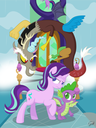 Size: 5000x6668 | Tagged: safe, artist:up-world, character:discord, character:spike, character:starlight glimmer, character:twilight sparkle, character:twilight sparkle (alicorn), species:alicorn, species:draconequus, species:dragon, species:pony, species:unicorn, episode:a matter of principals, g4, my little pony: friendship is magic, absurd resolution, digital art, frown, school of friendship, waterfall, winged spike