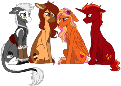 Size: 1294x920 | Tagged: safe, artist:sychia, oc, oc only, oc:firefall, oc:firelight, oc:honeypot meadow, oc:touken ryuujin, species:dracony, species:earth pony, species:pegasus, species:pony, clothing, comforting, commission, female, flower, flower in hair, gift art, hybrid, male, mare, simple background, stallion, transparent background