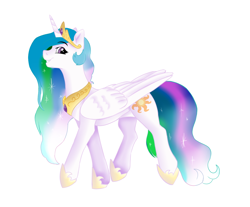 Size: 1280x1061 | Tagged: safe, artist:honiibree, artist:jbond, edit, character:princess celestia, species:alicorn, species:pony, color edit, colored, female, looking at you, mare, painting, peytral, profile, regalia, simple background, smiling, solo, walking, white background