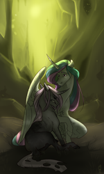Size: 3000x5000 | Tagged: safe, artist:maxiima, character:fleur-de-lis, character:princess celestia, species:changeling, comforting, pain, transformation