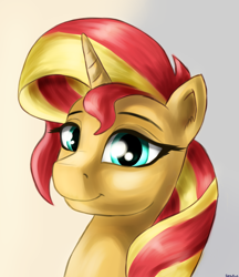 Size: 2500x2900 | Tagged: safe, artist:dukevonkessel, character:sunset shimmer, species:pony, species:unicorn, bust, female, mare, portrait, simple background, smiling, solo