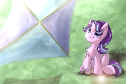 Size: 1024x683 | Tagged: safe, artist:kaliner123, character:starlight glimmer, species:pony, species:unicorn, chest fluff, cute, ear fluff, female, fluffy, glimmerbetes, kite, mare, sitting, smiling, solo, that pony sure does love kites